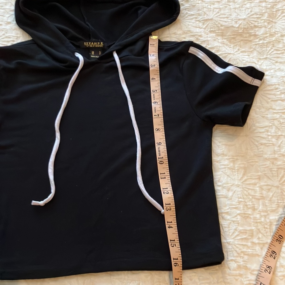Cropped black top with hood and white stripes down each short sleeve - Picture 8 of 8
